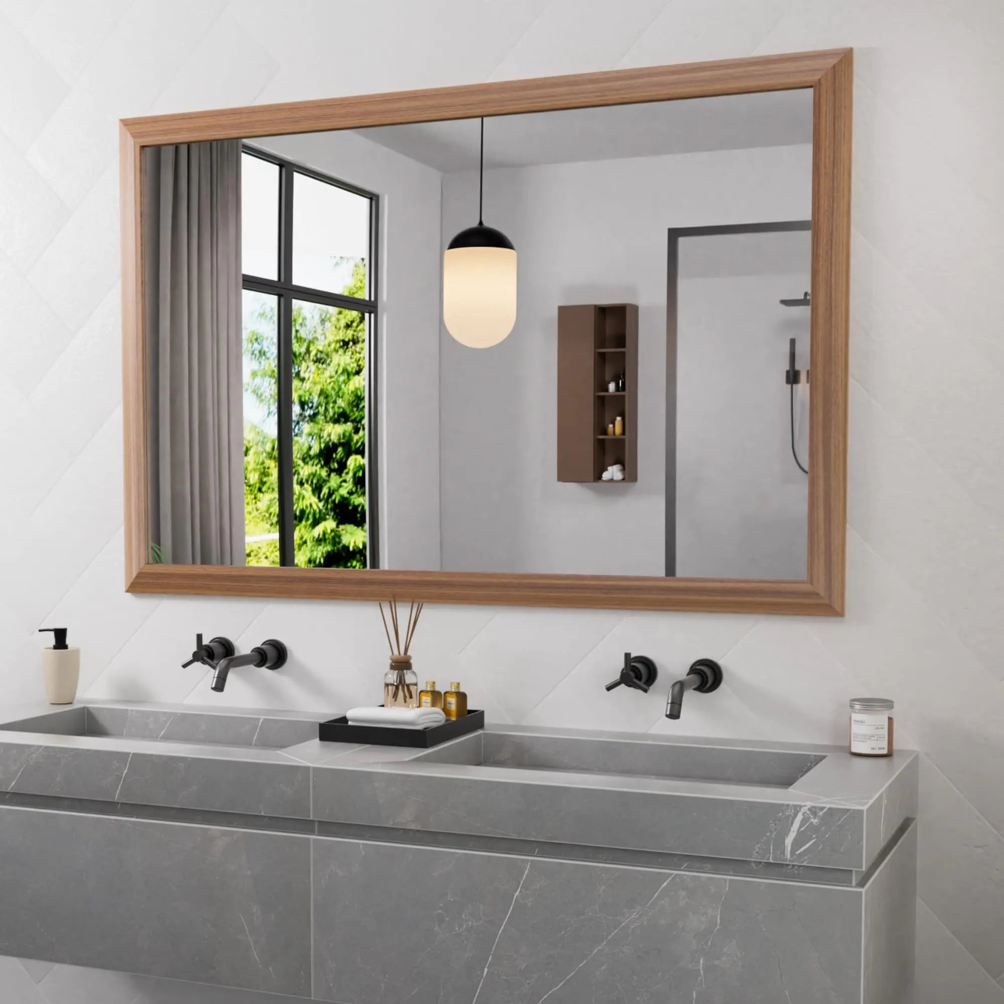 Espejo para Baño Amorho 50x30 Pulgadas, Espejo de Pared con Marco de Madera de Nogal y Metal Antioxidante, Se Puede Colgar Horizontal/Verticalmente, Adecuado para Dormitorio, Baño de Estilo Granja y Decorativo